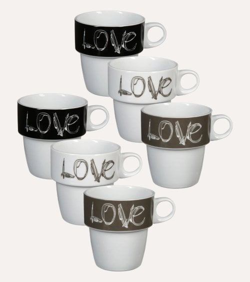 Set de 6 Tazas Love con Base de Porcelana y Hierro