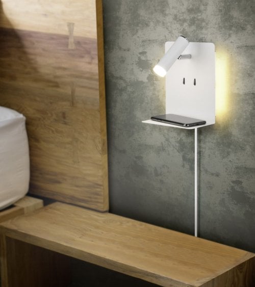 Lámpara de Pared LED con Cargador USB y Repisa para Teléfono