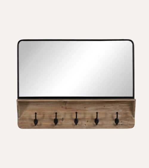 Espejo de Pared con Perchero de Madera y Hierro