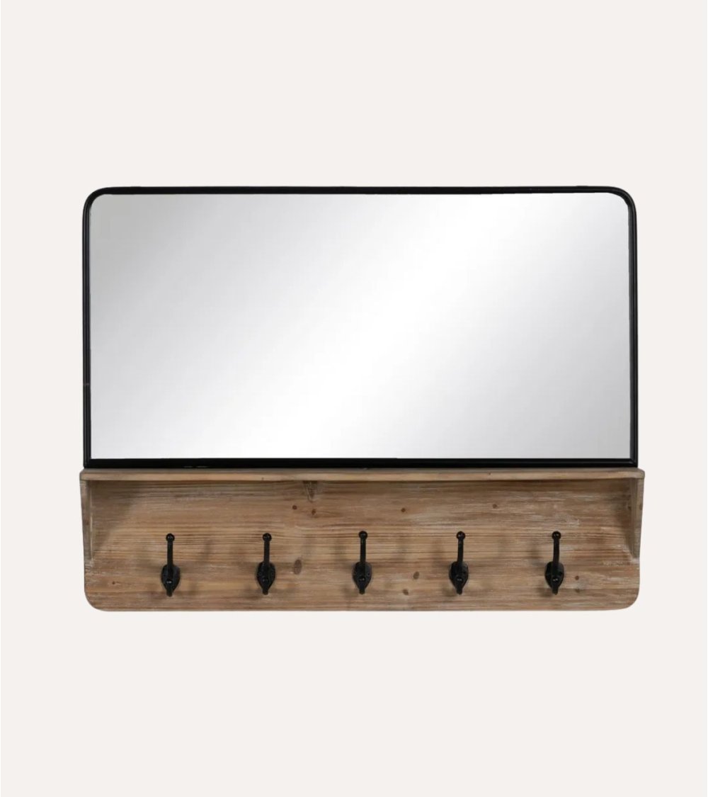Espejo de Pared con Perchero de Madera y Hierro Espejo de Pared con Perchero de Madera y Hierro