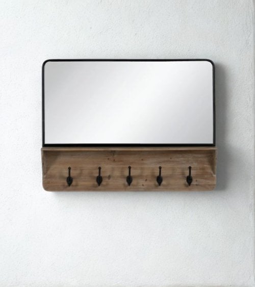 Espejo de Pared con Perchero de Madera y Hierro