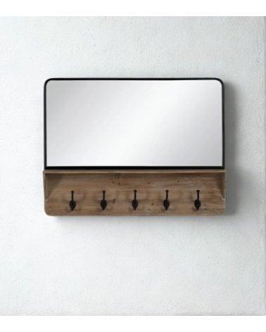 Espejo de Pared con Perchero de Madera y Hierro