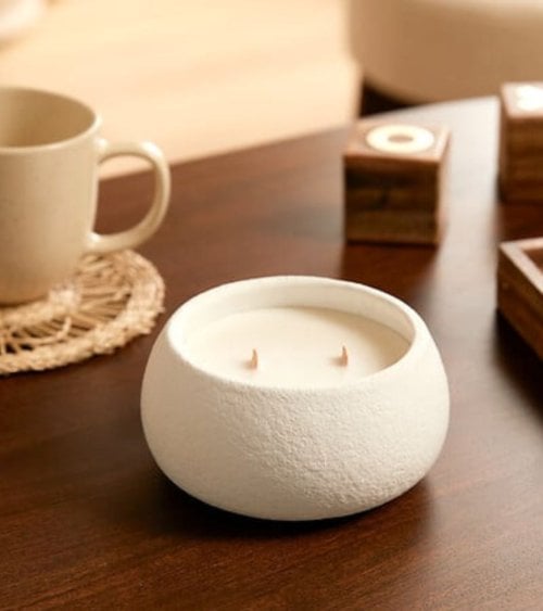 Vela Decorativa Doble Wojin en Base de Cemento