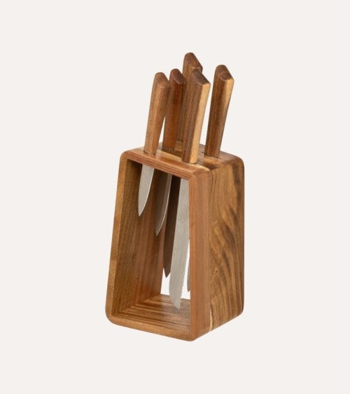 Set de 5 Cuchillos Inoxidables con Base de Madera de Acacia