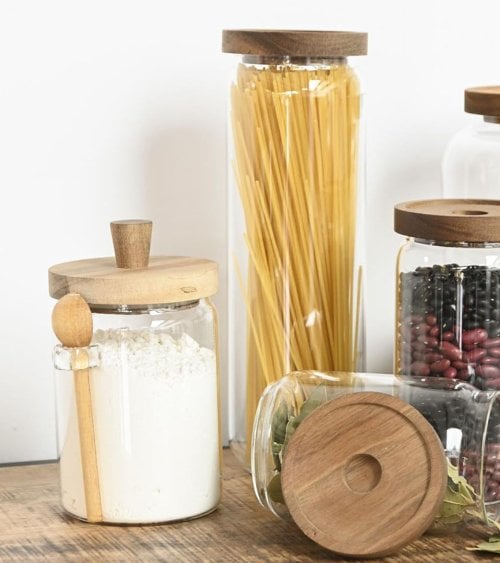 Bote de Vidrio con Tapa y Cuchara de Madera de Acacia-1