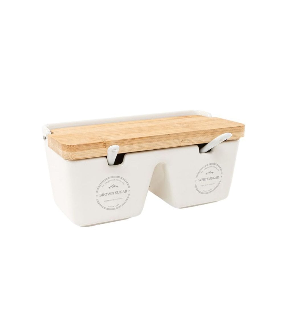 Azucarero Doble con Cuchara de Cerámica y Bambú-1