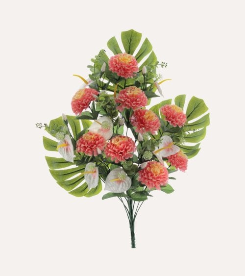 Ramo Decorativo Zinias y Palmas de Poliéster y Plástico