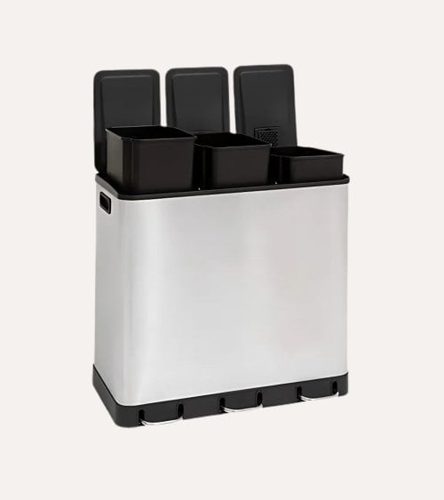Cubo de Basura con 3 Compartimentos de Acero Inoxidable
