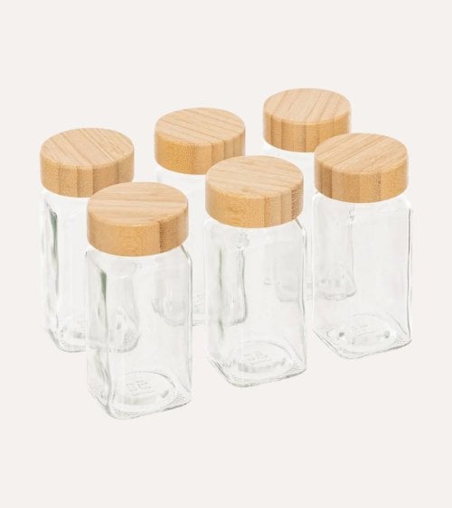 Set de 6 Botes para Especias de Cristal con Tapa de Bambú