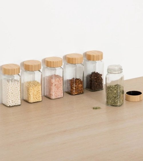 Set de 6 Botes para Especias de Cristal con Tapa de Bambú