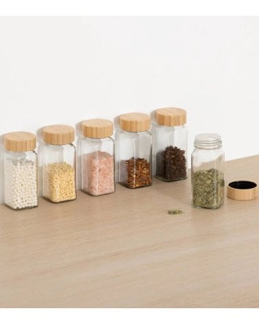 Set de 6 Botes para Especias de Cristal con Tapa de Bambú