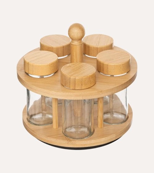 Especiero Cozy con 5 Botes de Cristal y Bambú