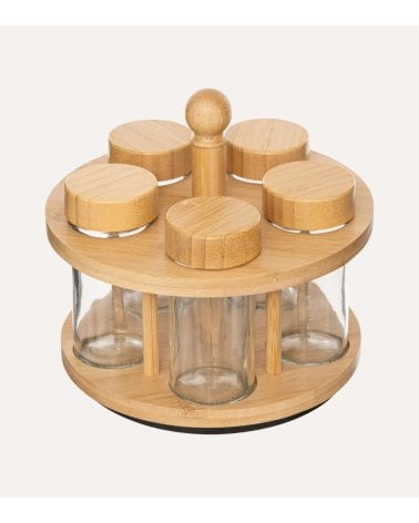 Especiero Cozy con 5 Botes de Cristal y Bambú