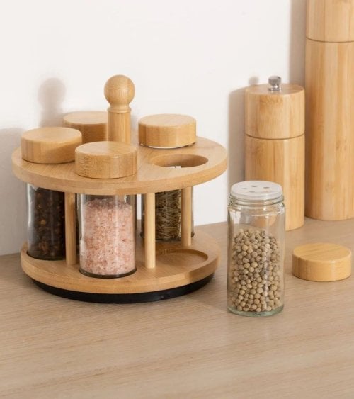 Especiero Cozy con 5 Botes de Cristal y Bambú