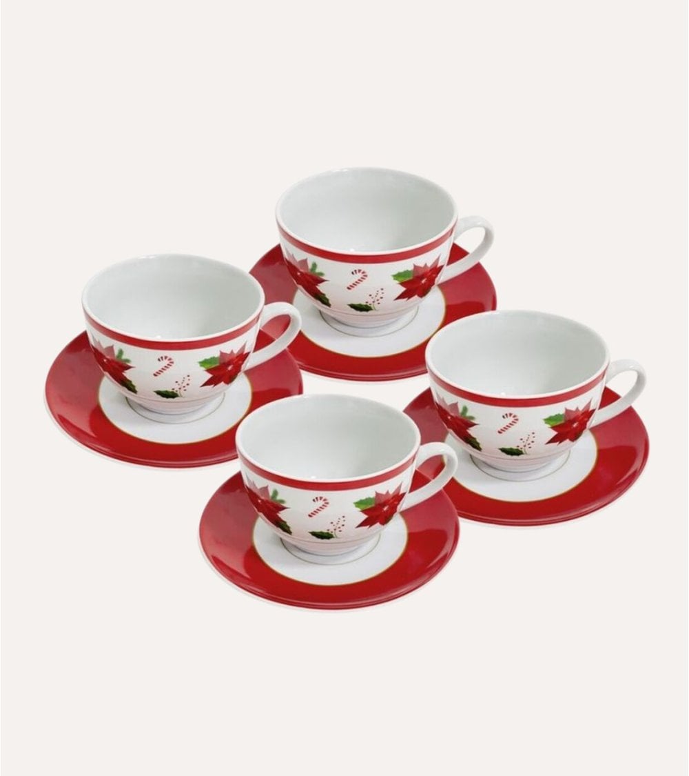 Set de 4 Tazas y Platos Flor de Navidad de Cerámica