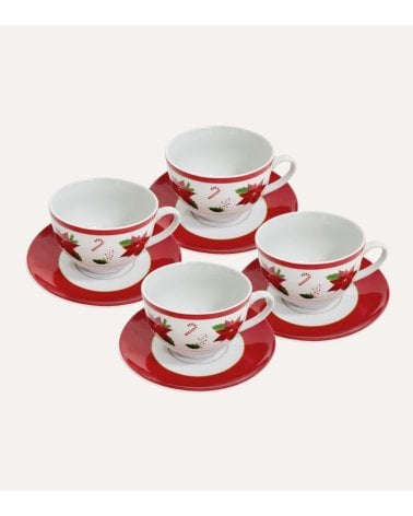 Set de 4 Tazas y Platos Flor de Navidad de Cerámica