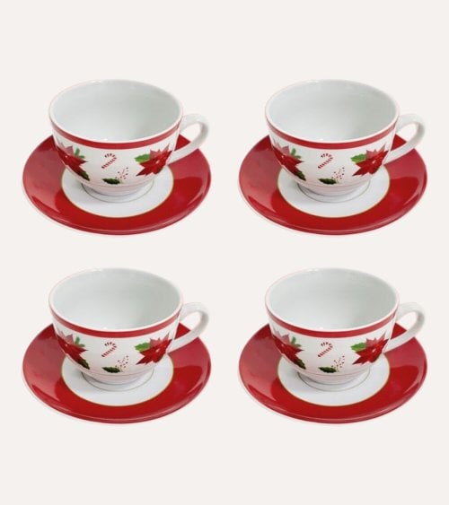 Set de 4 Tazas y Platos Flor de Navidad de Cerámica