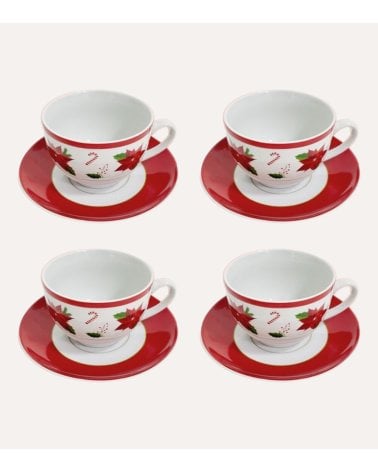 Set de 4 Tazas y Platos Flor de Navidad de Cerámica