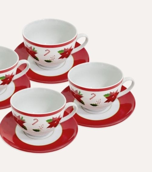Set de 4 Tazas y Platos Flor de Navidad de Cerámica