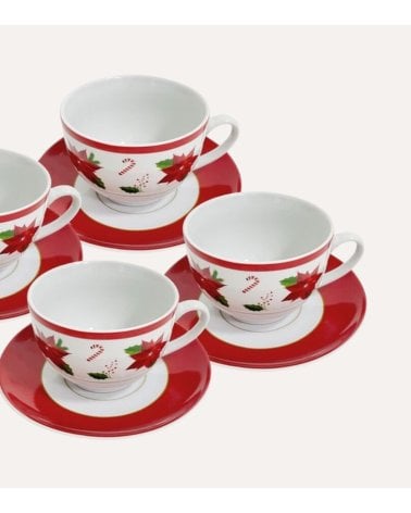 Set de 4 Tazas y Platos Flor de Navidad de Cerámica