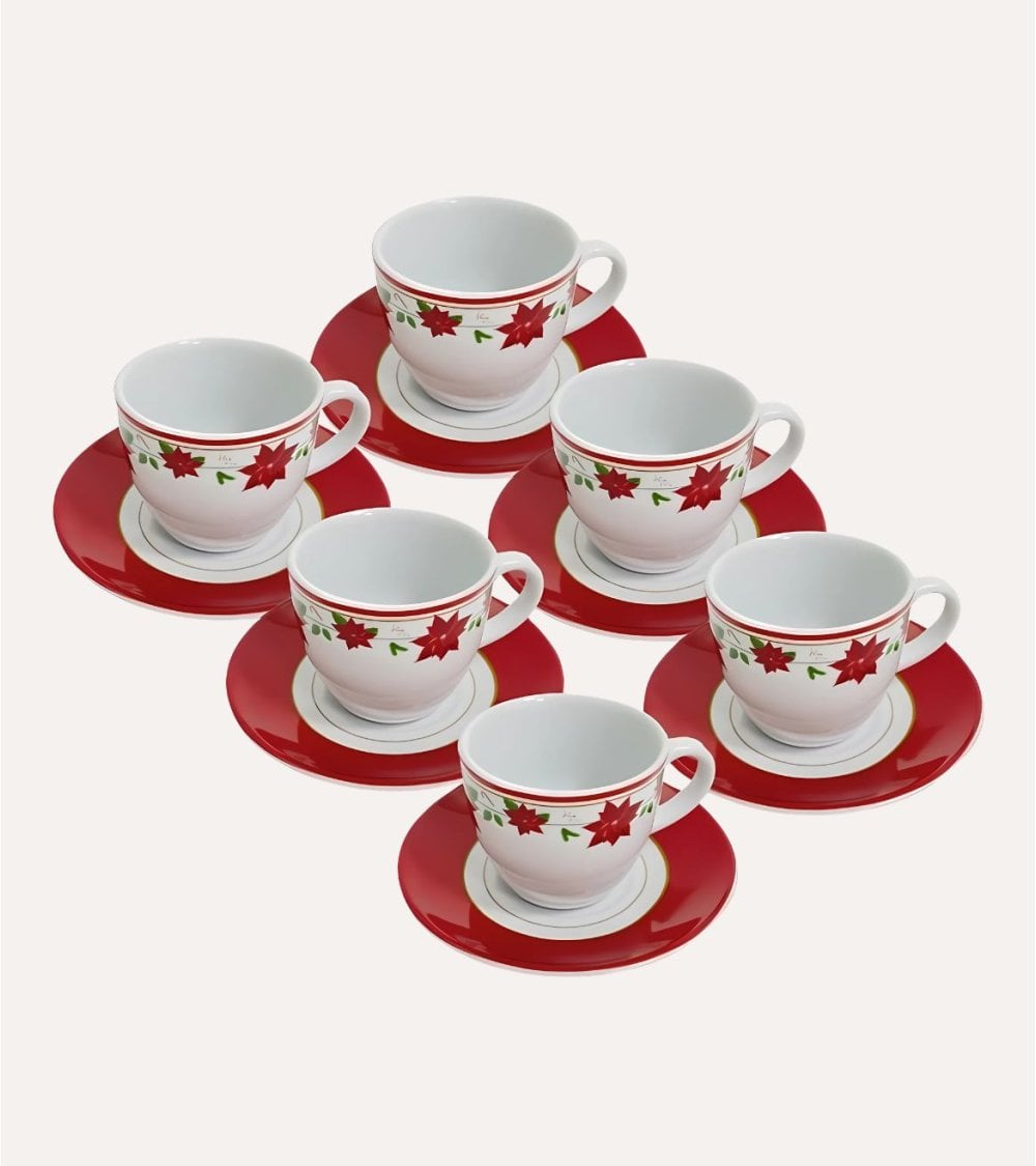Set de 6 Tazas y Platos Flor de Navidad de Cerámica