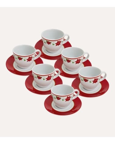 Set de 6 Tazas y Platos Flor de Navidad de Cerámica