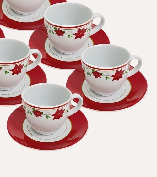 Set de 6 Tazas y Platos Flor de Navidad de Cerámica