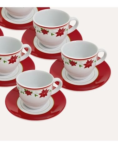 Set de 6 Tazas y Platos Flor de Navidad de Cerámica