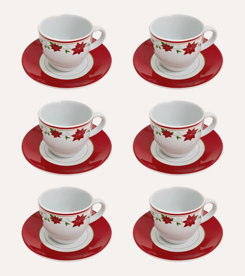 Set de 6 Tazas y Platos Flor de Navidad de Cerámica