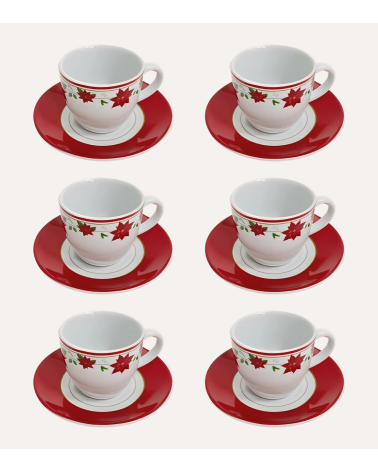 Set de 6 Tazas y Platos Flor de Navidad de Cerámica
