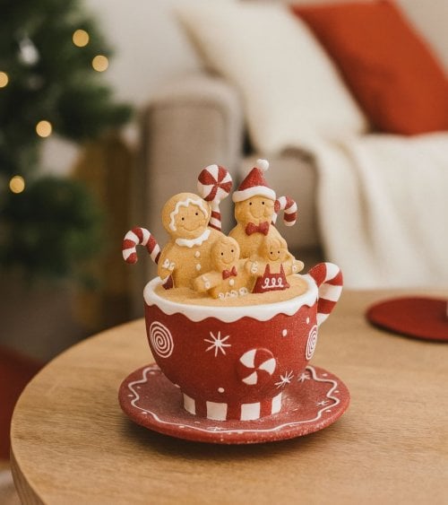 Figura Decorativa Familia de Galleta en Taza Navideña