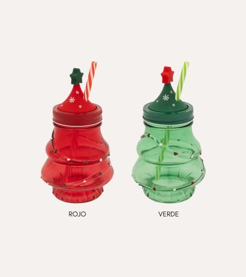 Vaso de Árbol Navideño con Tapa y Pajita de Vidrio