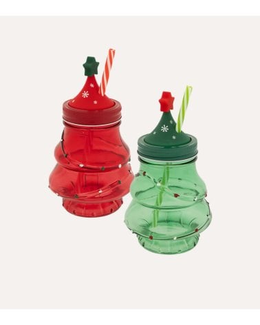 Vaso de Árbol Navideño con Tapa y Pajita de Vidrio
