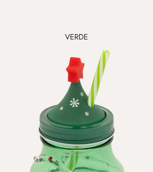 Vaso de Árbol Navideño con Tapa y Pajita de Vidrio
