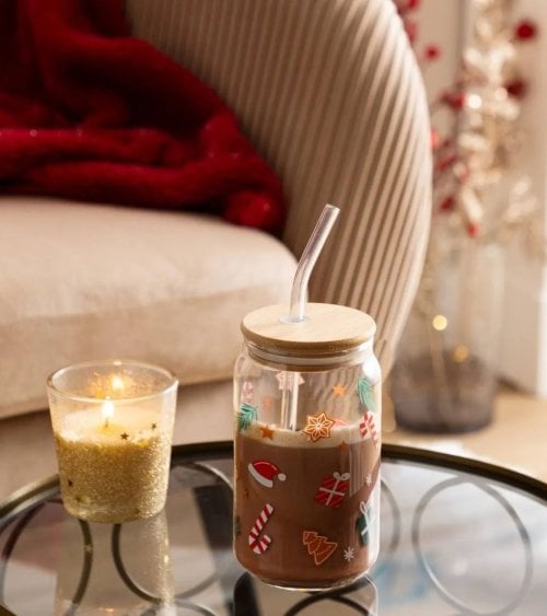Vaso con Pajita Motivos Navideños de Vidrio