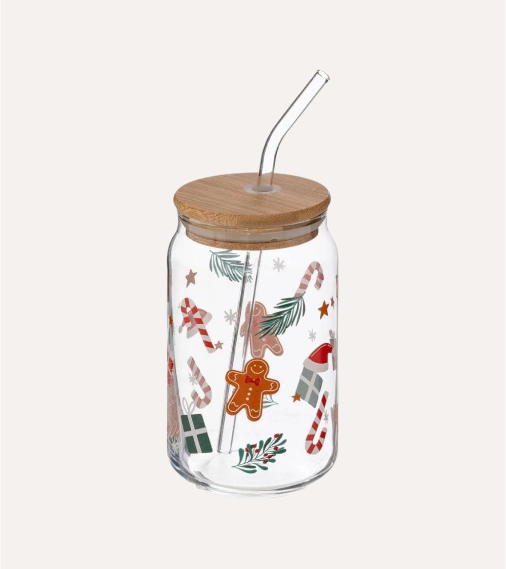 Vaso con Pajita Motivos Navideños de Vidrio