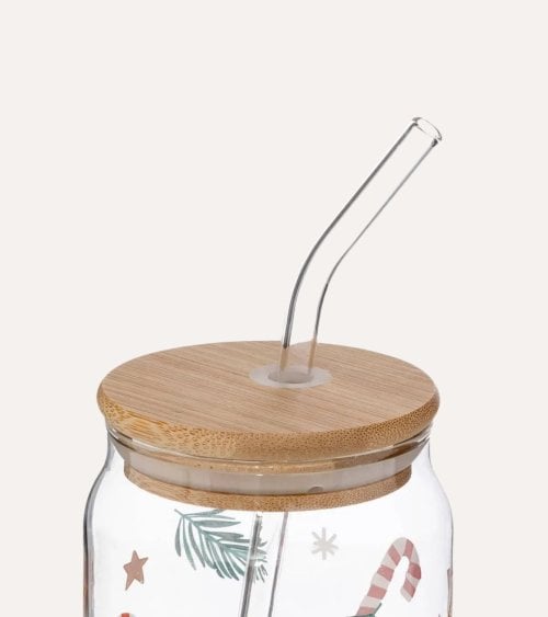 Vaso con Pajita Motivos Navideños de Vidrio