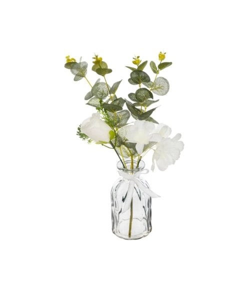 Jarrón de Cristal con Flores y Rama de Eucalipto Artificial-1