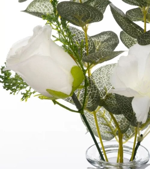 Jarrón de Cristal con Flores y Rama de Eucalipto Artificial-3