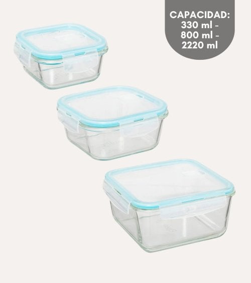 Set de 3 Fiambreras ClipEat Herméticas de Vidrio y Plástico