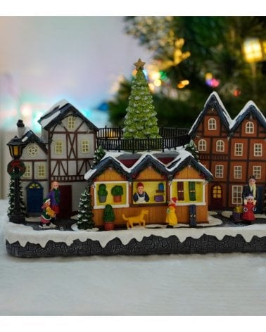 Escena Navideña de Pueblo con Luz, Movimiento y Música