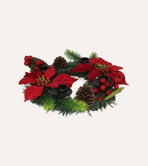 Corona Portavelas para Decoración Navideña con Flores y Bayas