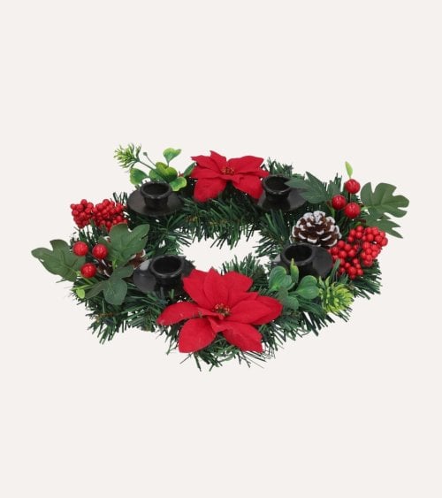 Corona Portavelas para Decoración Navideña con Flores y Piñas