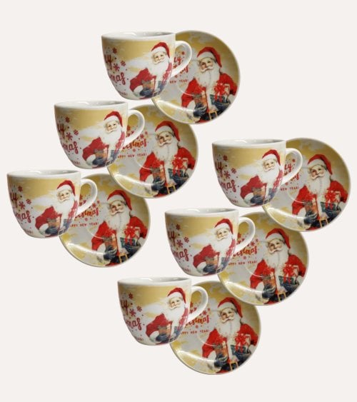 Set de 6 Tazas y Platos de Papá Noel de Cerámica