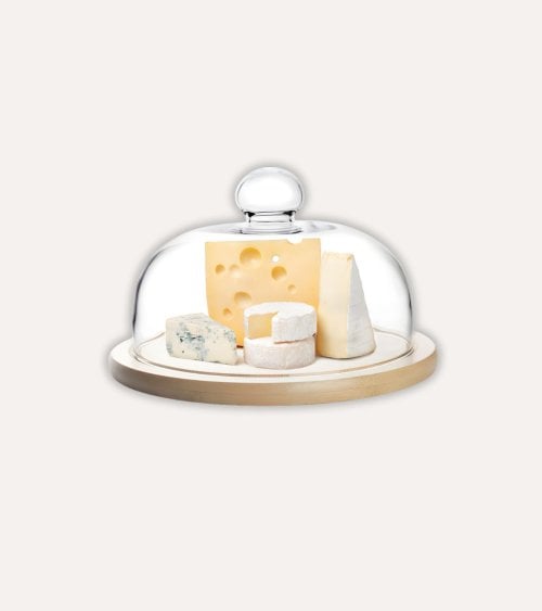 Quesera con Tapa de Cristal con Base de Madera