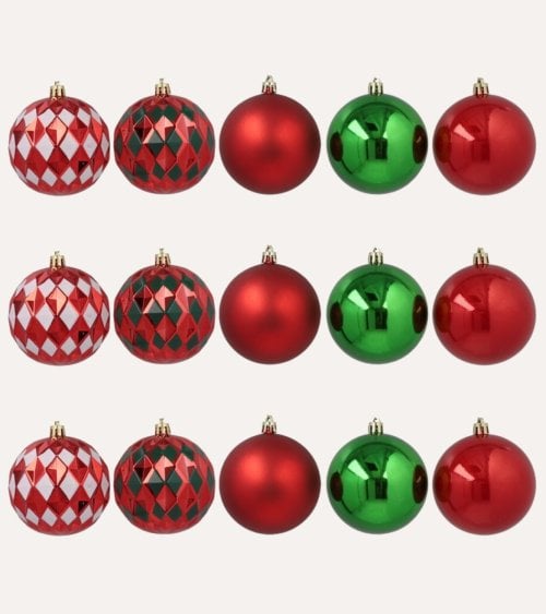 Set de 12 Bolas Decorativo Rojo, Verde y con Rombos