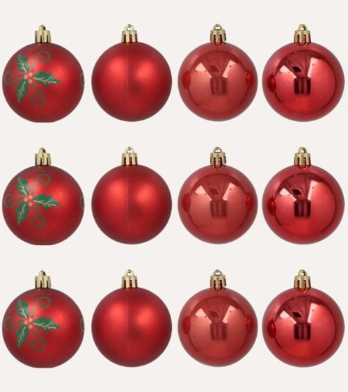 Set de 12 Bolas Metalico, Brillante y con Detalles Navideños