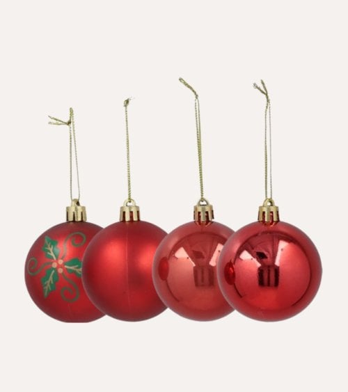 Set de 12 Bolas Metalico, Brillante y con Detalles Navideños