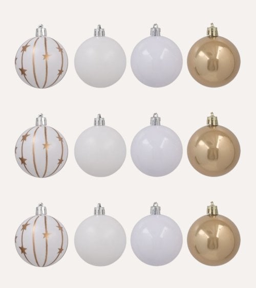 Set de 12 Bolas Brillante y con Rayas y Estrellas