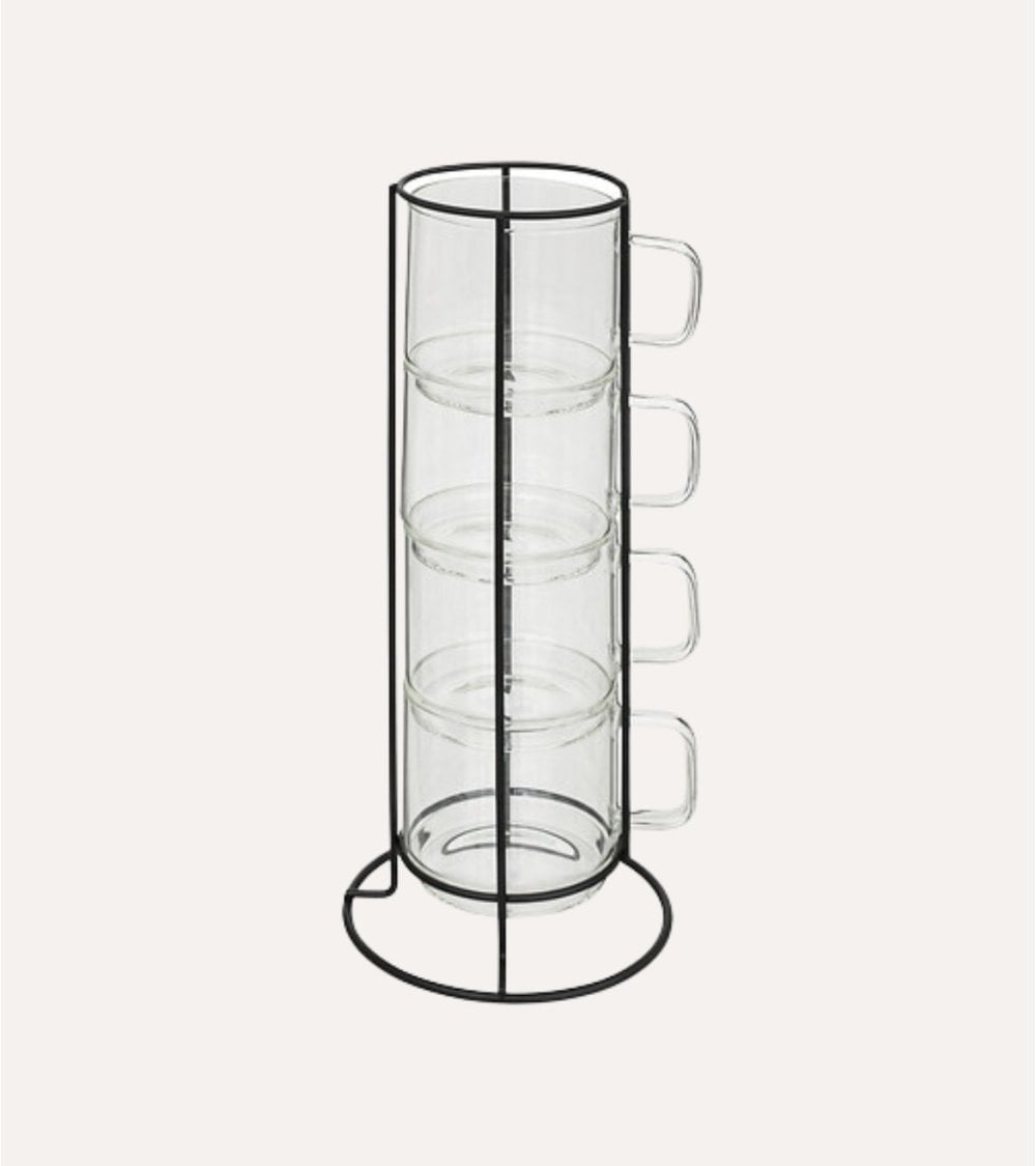 Set de 4 Tazas Mug de Vidrio con Soporte